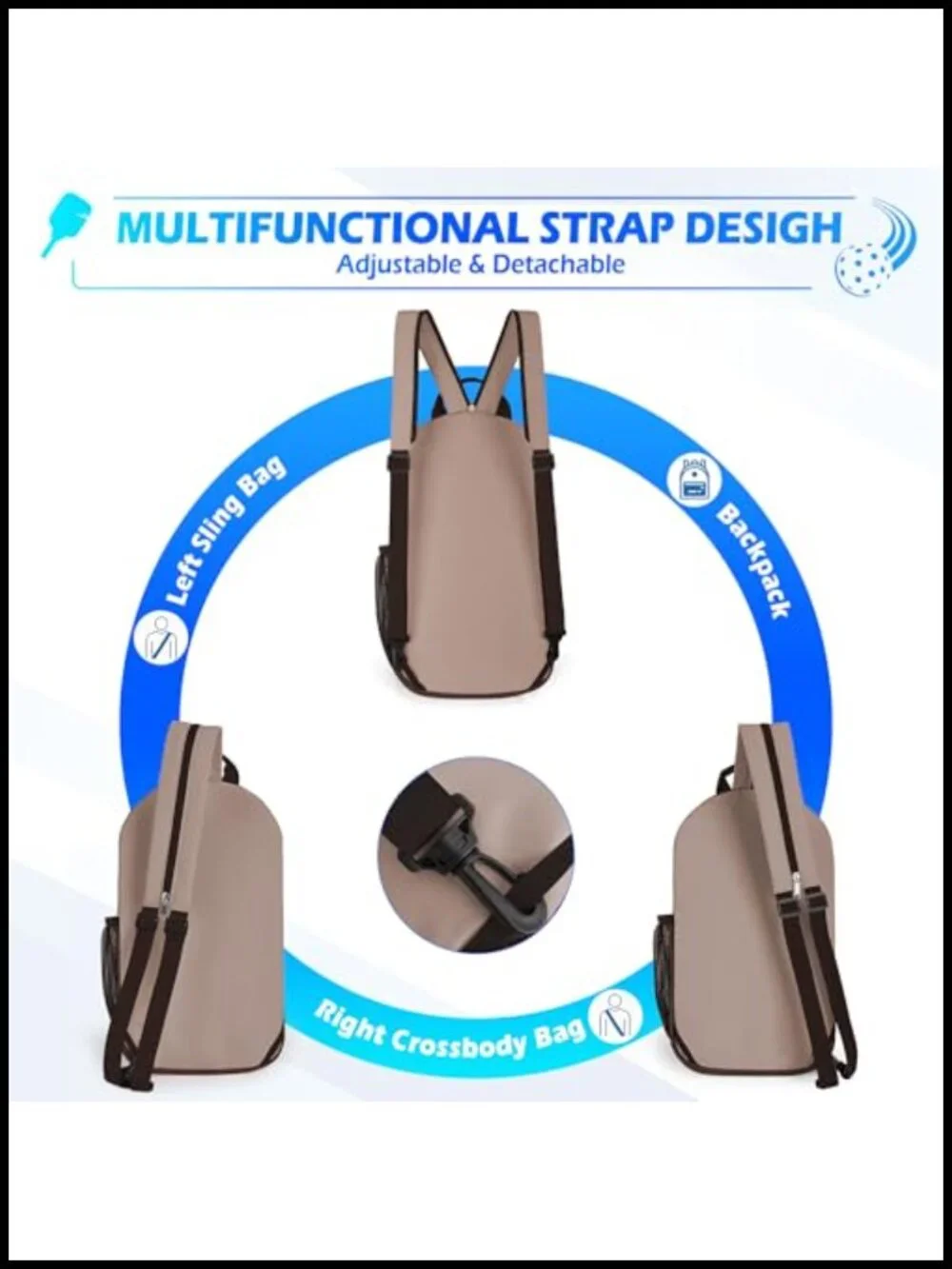 Pickleball Sling Bag Convertible Crossbody Backpack Fits 4 Paddles Ultra-Light